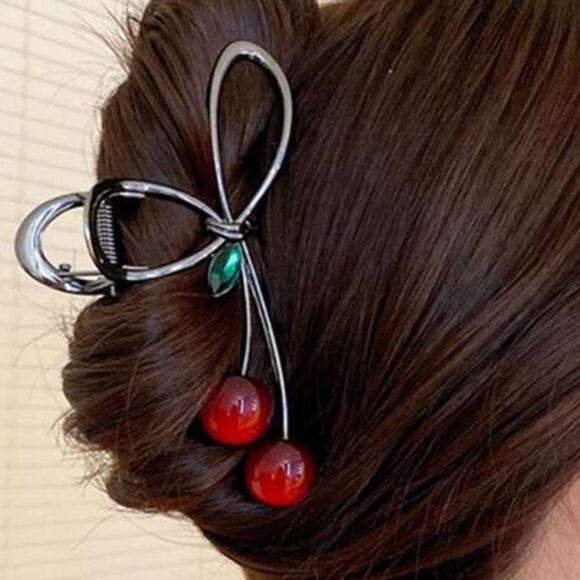 Accessories - Vintage Inspired Rockabilly Red Cherry Hair Clip Green Jewel accent Leaf